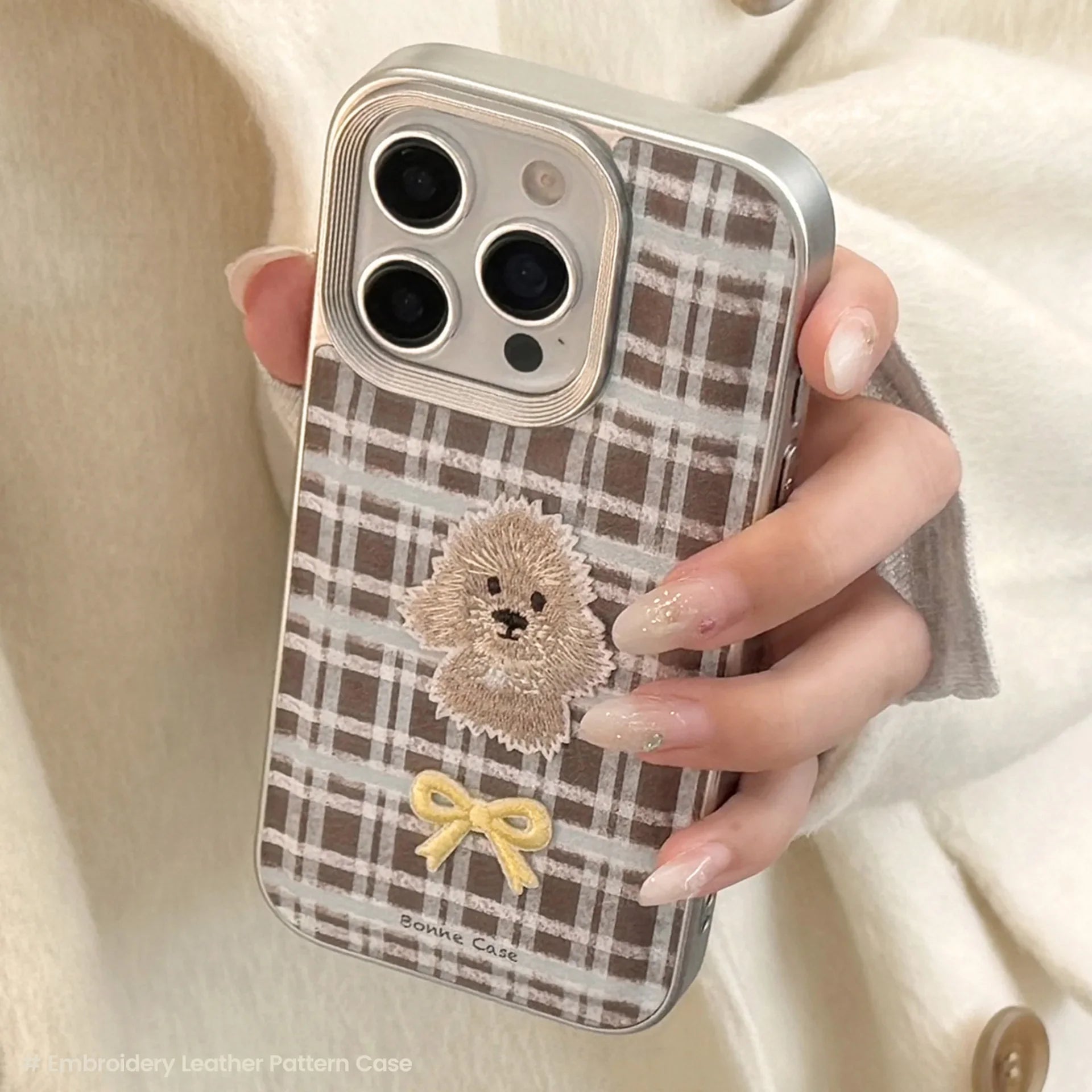 Korean Plaid Cartoon Puppy Bowknot Embroideried Silver Border Phone Case For iPhone