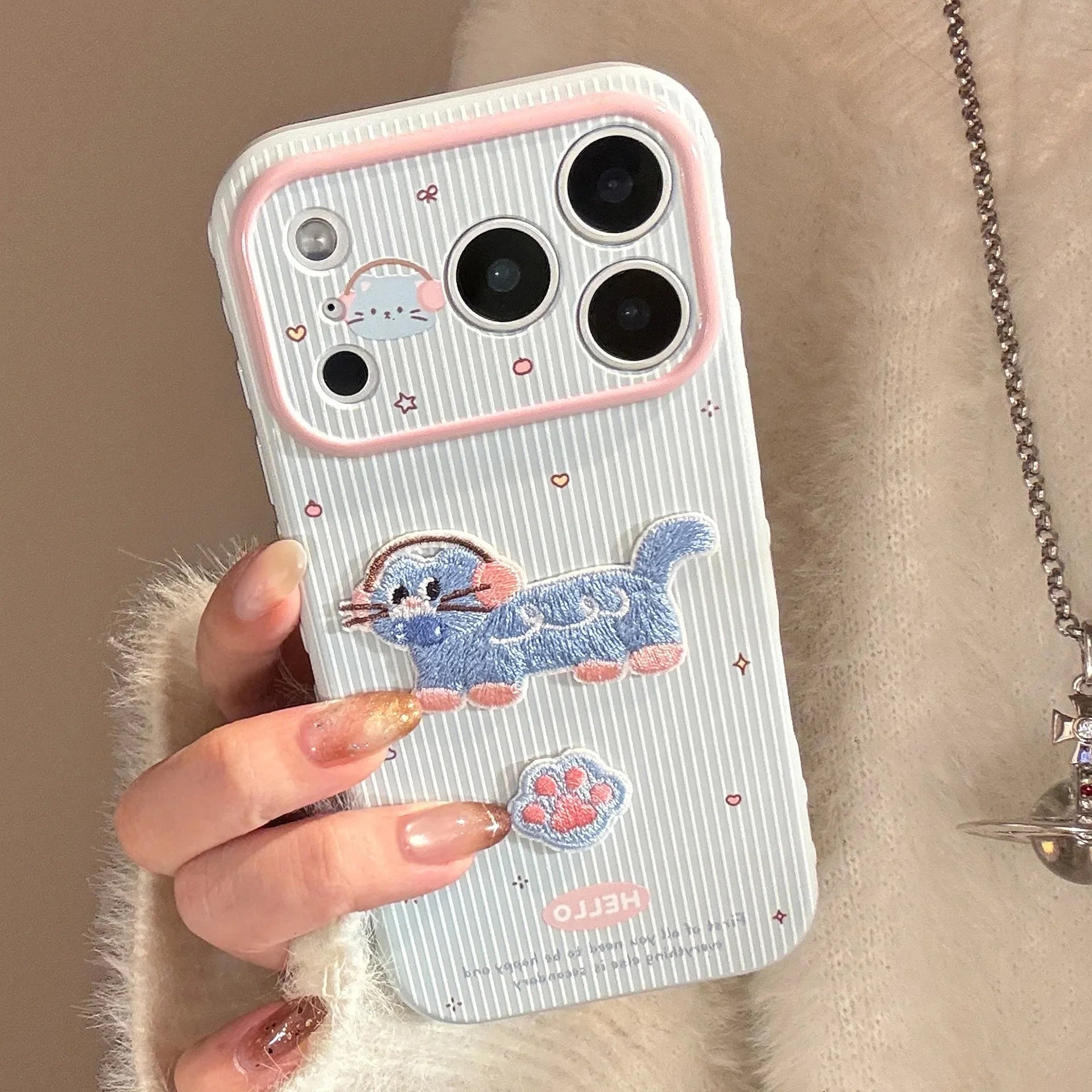 Korean Cartoon Embroidery Kitten Striped Couple Phone Case For iPhone