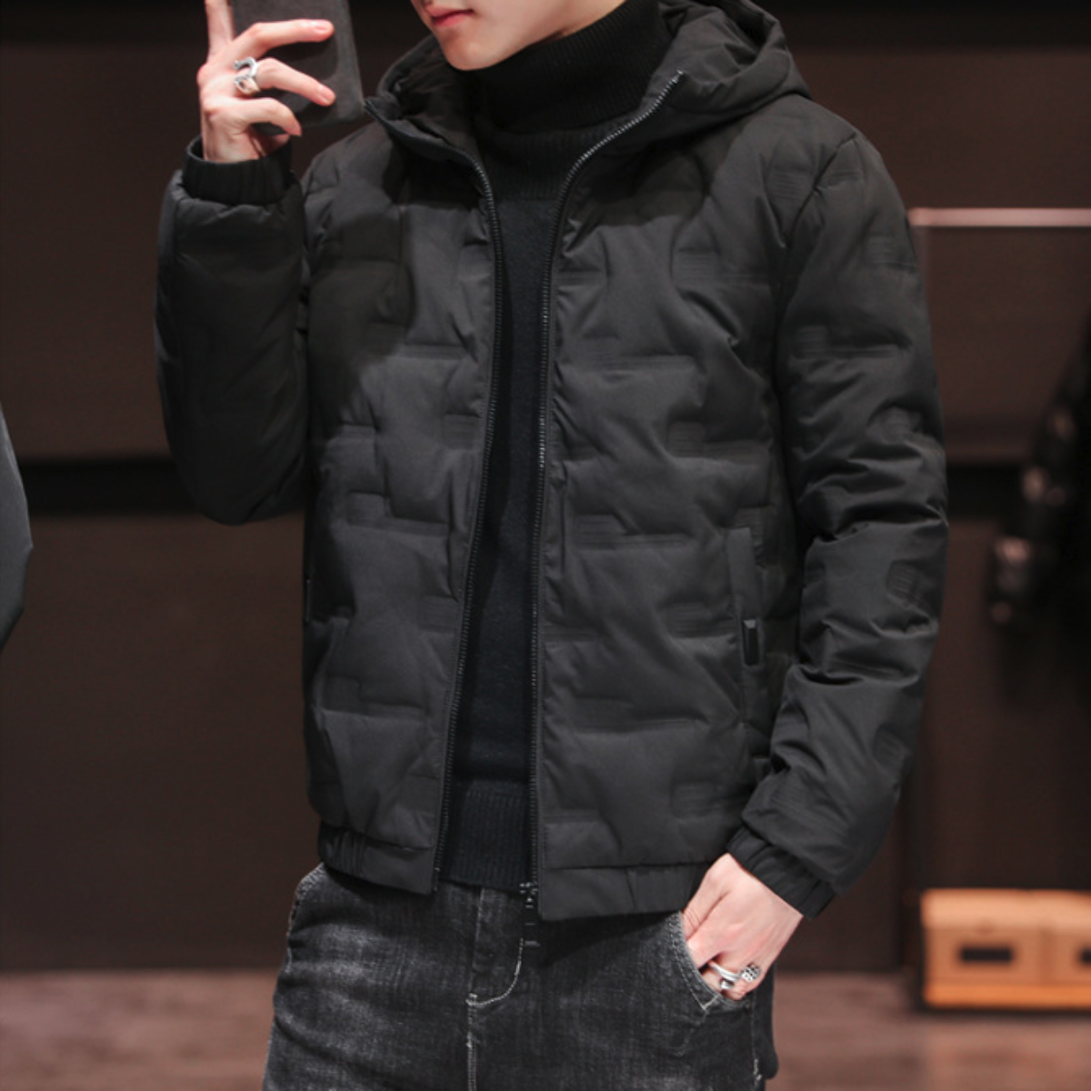 Mens Hooded Zipper Puffer Jacket