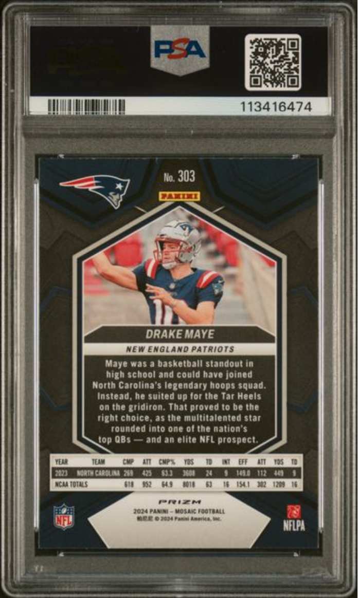Graded 2024 Panini Mosaic Drake Maye #303 Green Rookie RC Football Card PSA 10 Gem Mint