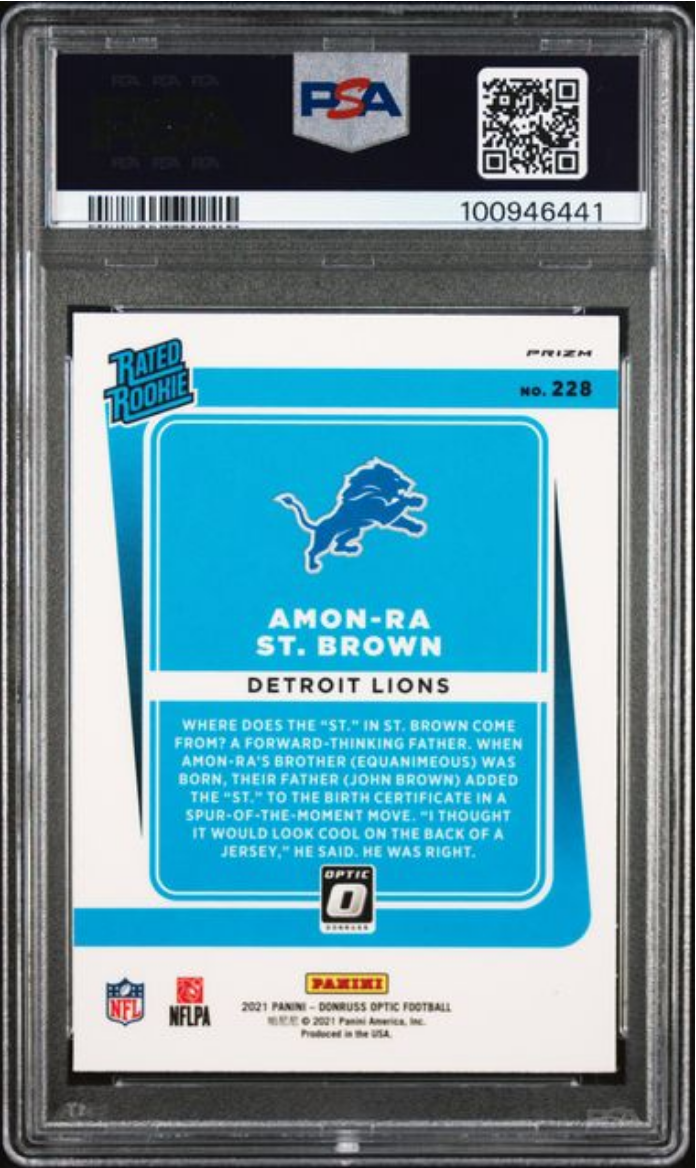 Graded 2021 Panini Donruss Optic Amon-Ra St. Brown #228 Purple Shock Rookie RC Football Card PSA 10 Gem Mint
