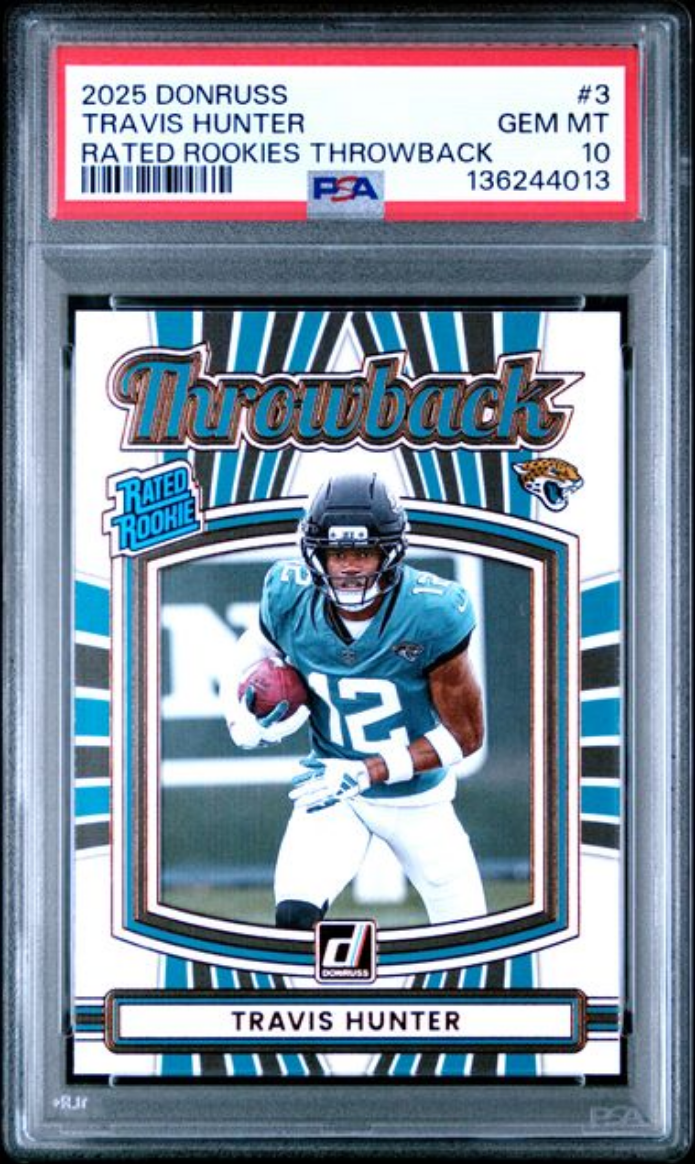 Graded 2025 Panini Donruss Travis Hunter #3 Rated Rookies Throwback Rookie RC Football Card PSA 10 Gem Mint