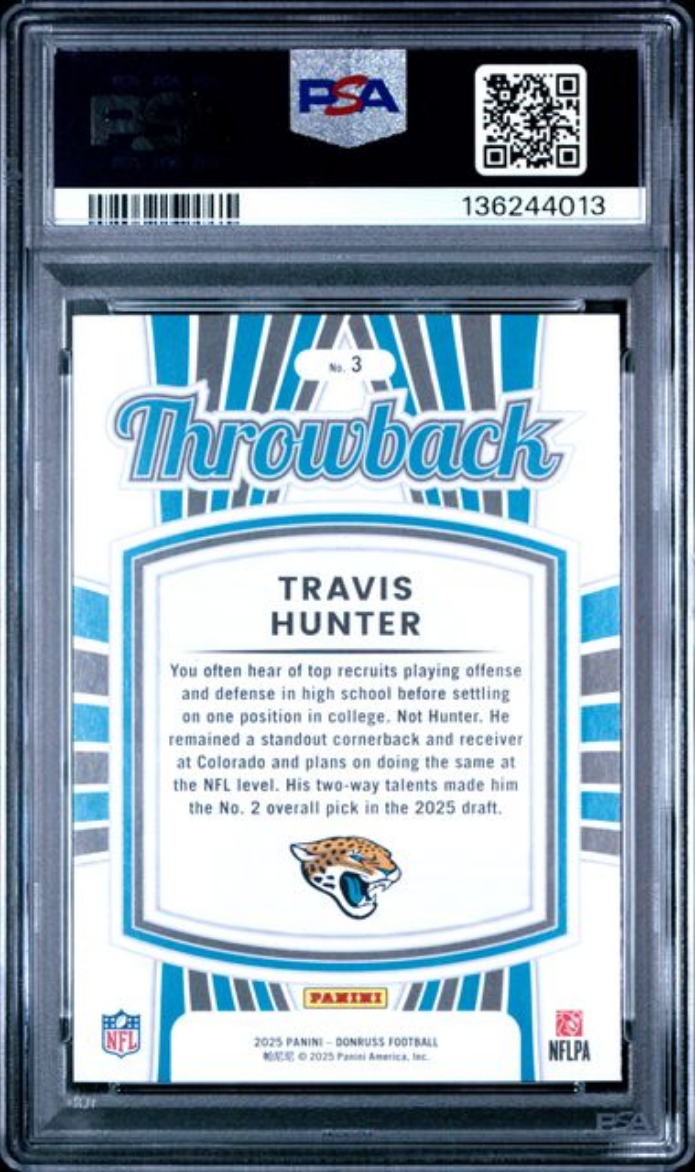 Graded 2025 Panini Donruss Travis Hunter #3 Rated Rookies Throwback Rookie RC Football Card PSA 10 Gem Mint