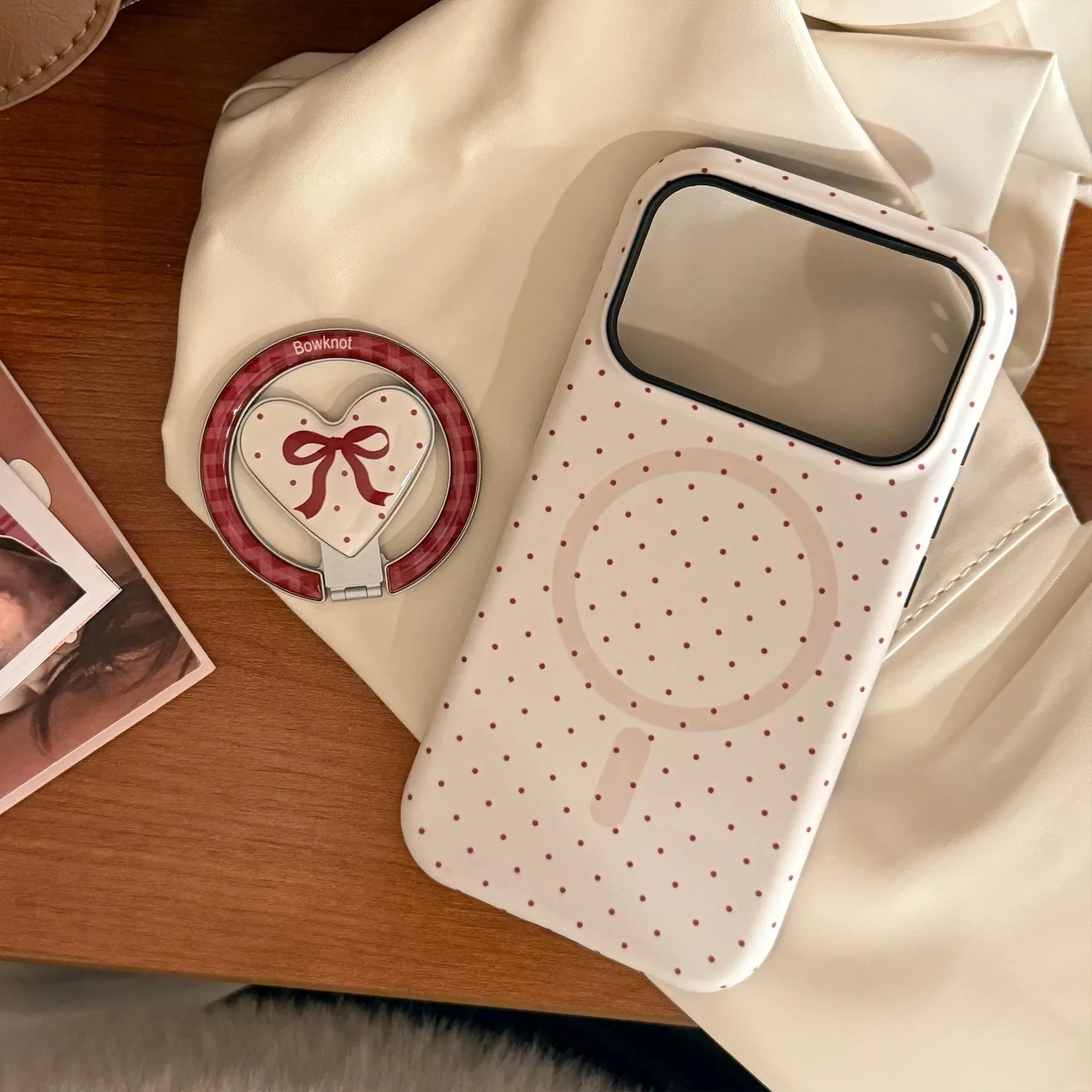 Korean Full Screen Polka Dot Fold Love Heart Magnetic Holder Phone Case For iPhone