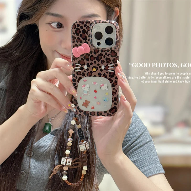 Fashion Leopard Print Cute Hollow Hellokitty Phone Case For iPhone
