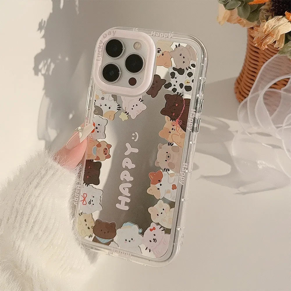 Korean Make Up Mirror Cartoon Kitten Phone Case Lanyard For iPhone