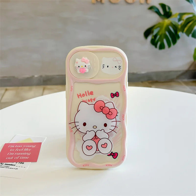 Cute Cartoon 3D Hello Kitty Sliding Camera Bracket Wave Phone Case For iPhone