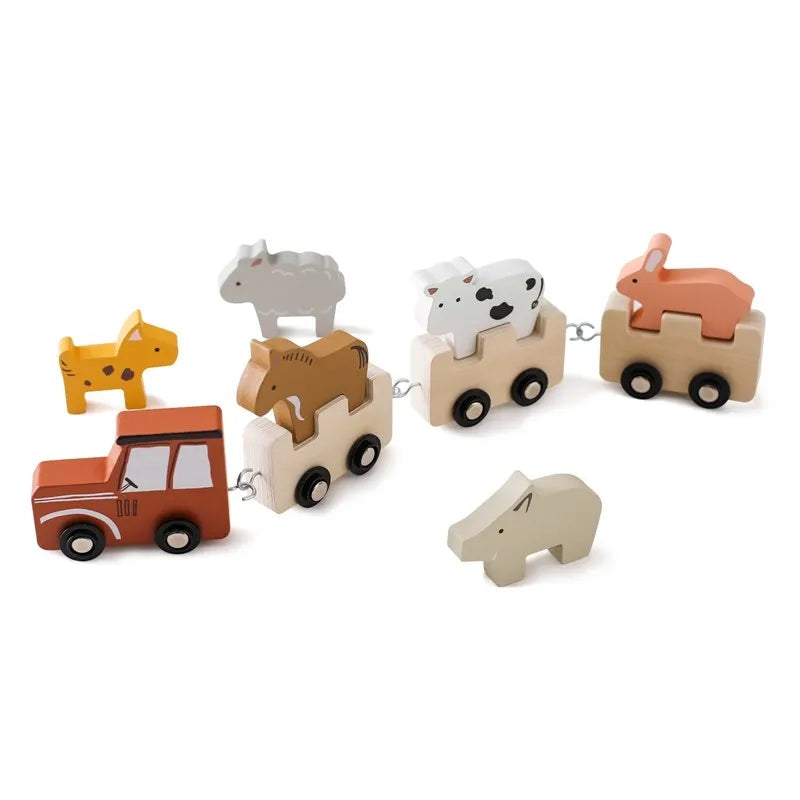 Wooden Train Building Blocks – Farm Animal Stacking Toy for Kids