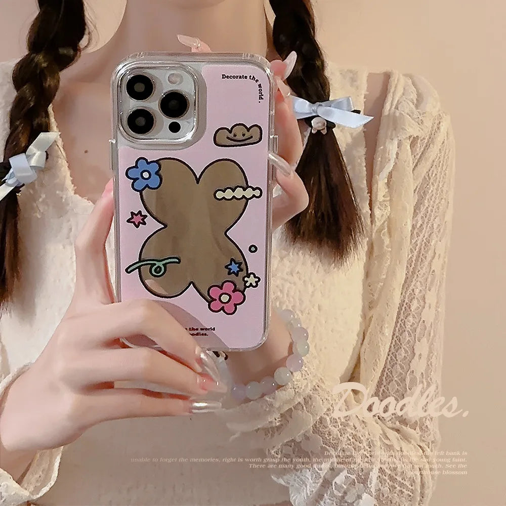 Cute Flower Make Up Mirror Electroplated With Chain Phone Case For iPhone