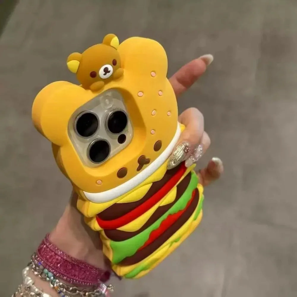 New Cartoon 3D Fun Burger Rilakkuma Silicone Phone Case For iPhone
