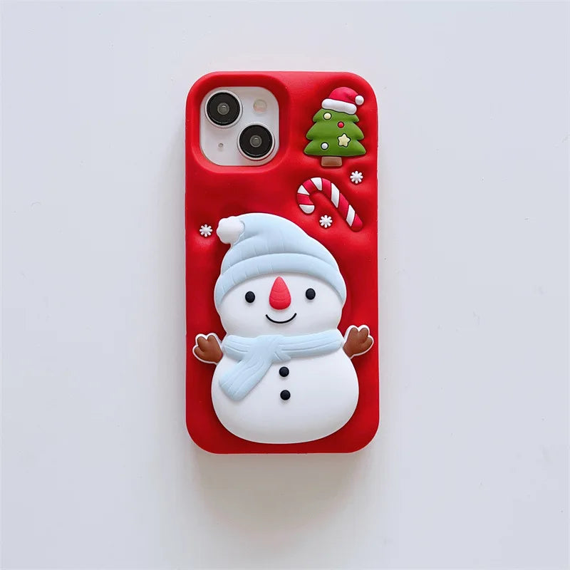Cute 3D Cartoon Christmas Snow Man Telescopic Bracket Phone Case For iPhone