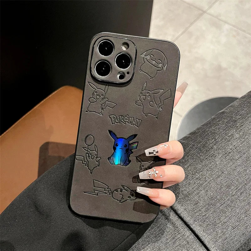 Cute Cartoon Anime Pikachu Leather Texture Laser Phone Case For iPhone