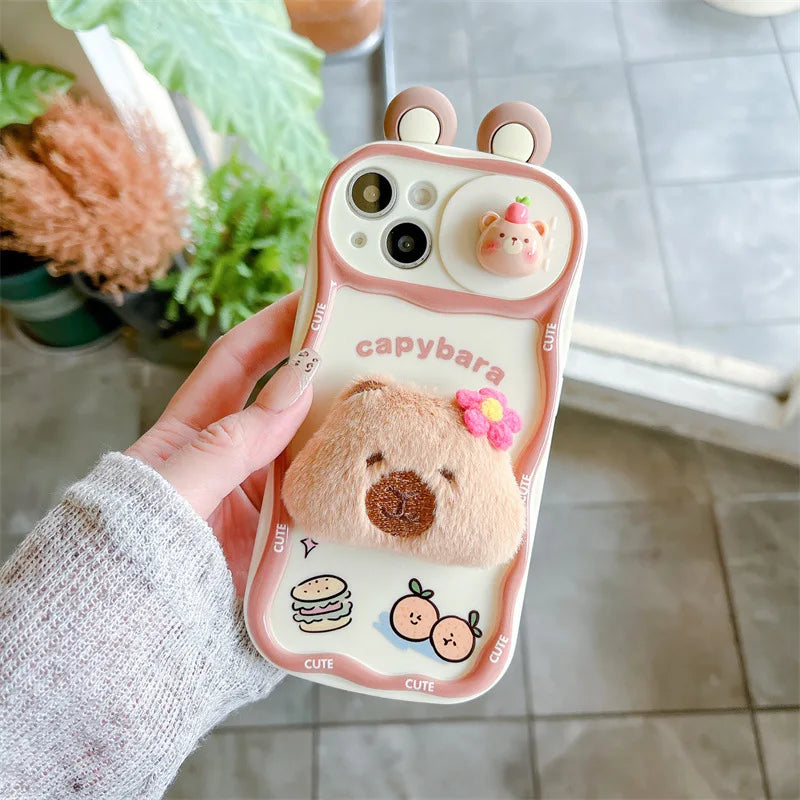 3D Cartoon Kapibala Sliding Push-Pull Camera Phone Case for iPhone