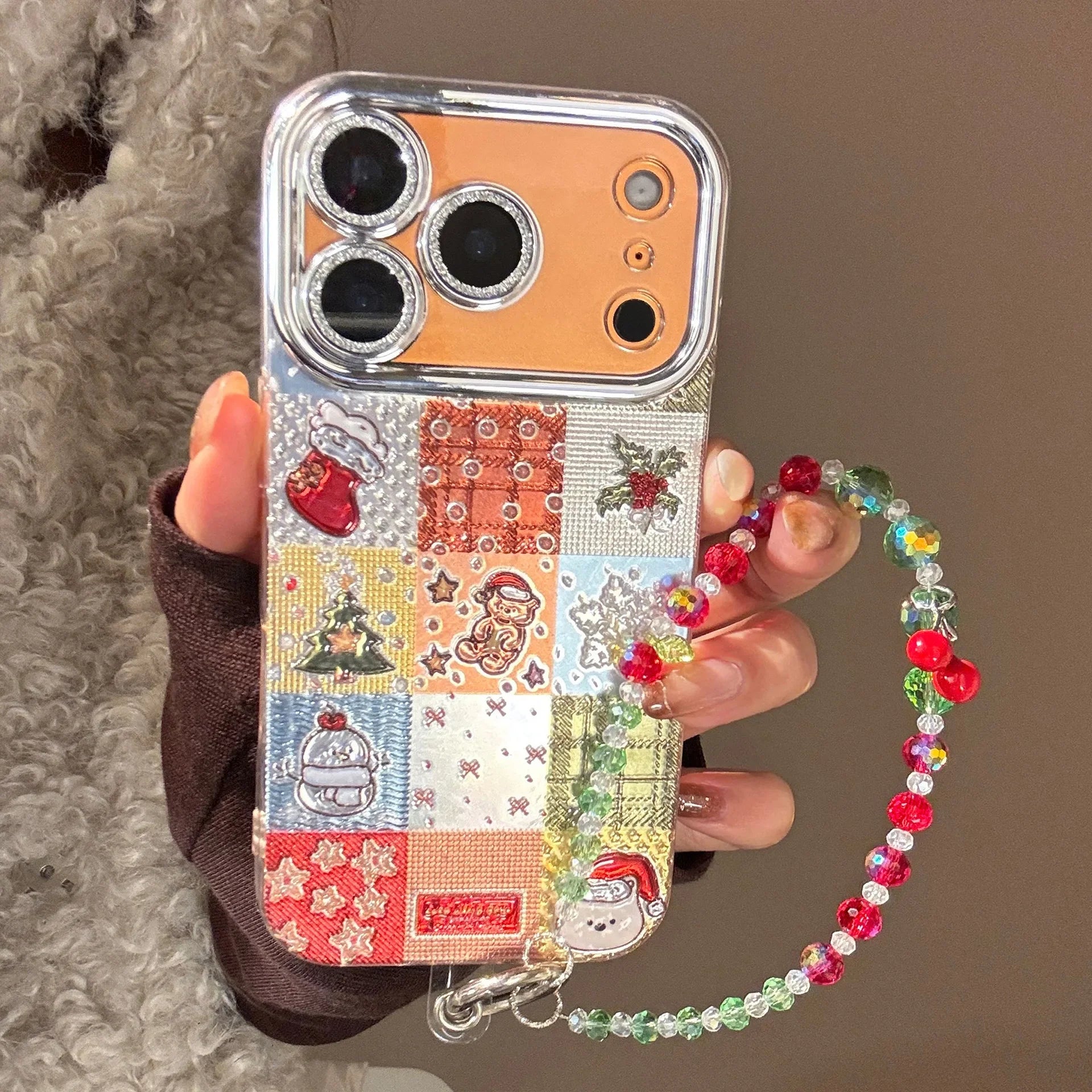 Korean Christmas Grid Pattern Glitter Phone Case For iPhone