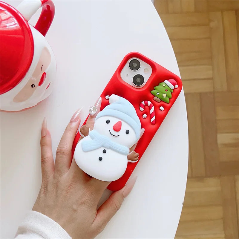Cute 3D Cartoon Christmas Snow Man Telescopic Bracket Phone Case For iPhone