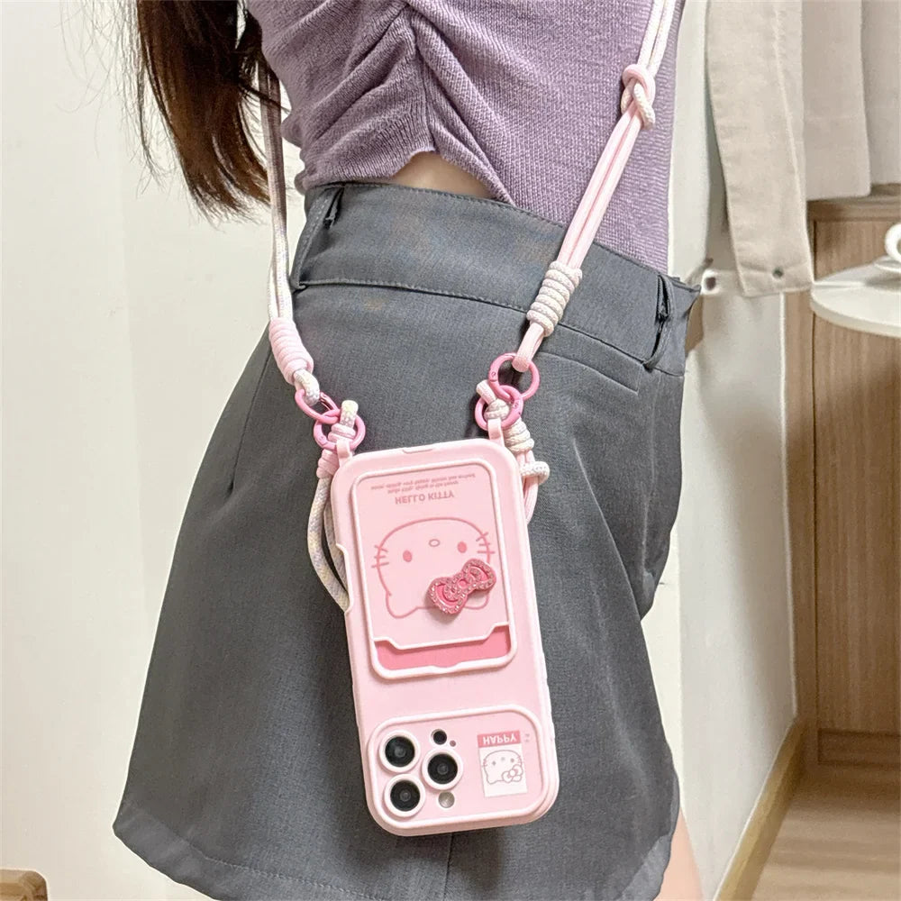 Crossbody Lanyard Hello Kitty Slot Card Bag Phone Case For iPhone