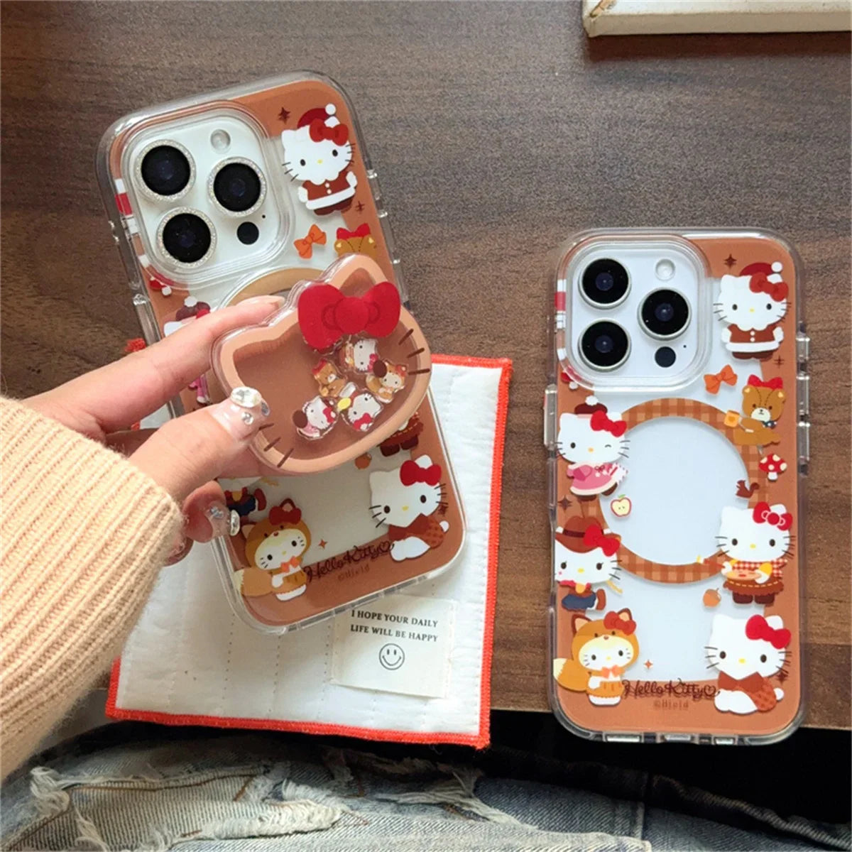Fashion Brown Hollow Hellokitty Magnetic Phone Case For iPhone