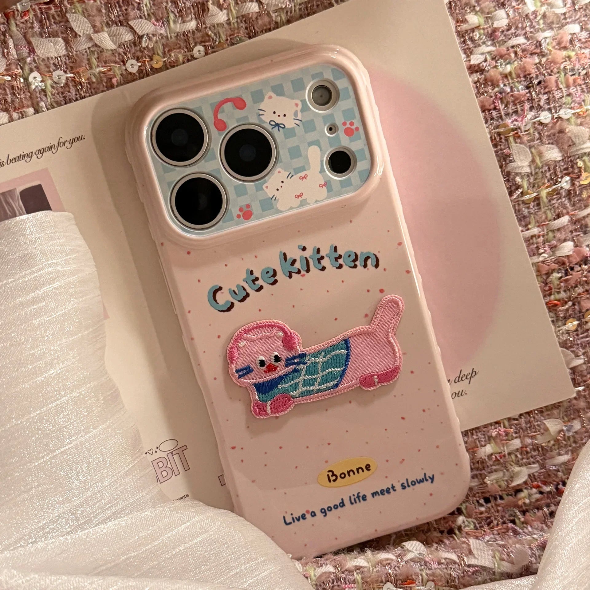 Korean Pink Splashed Ink 3D Cute Cartoon Embroidery Kitten Soft Phone Case For iPhone