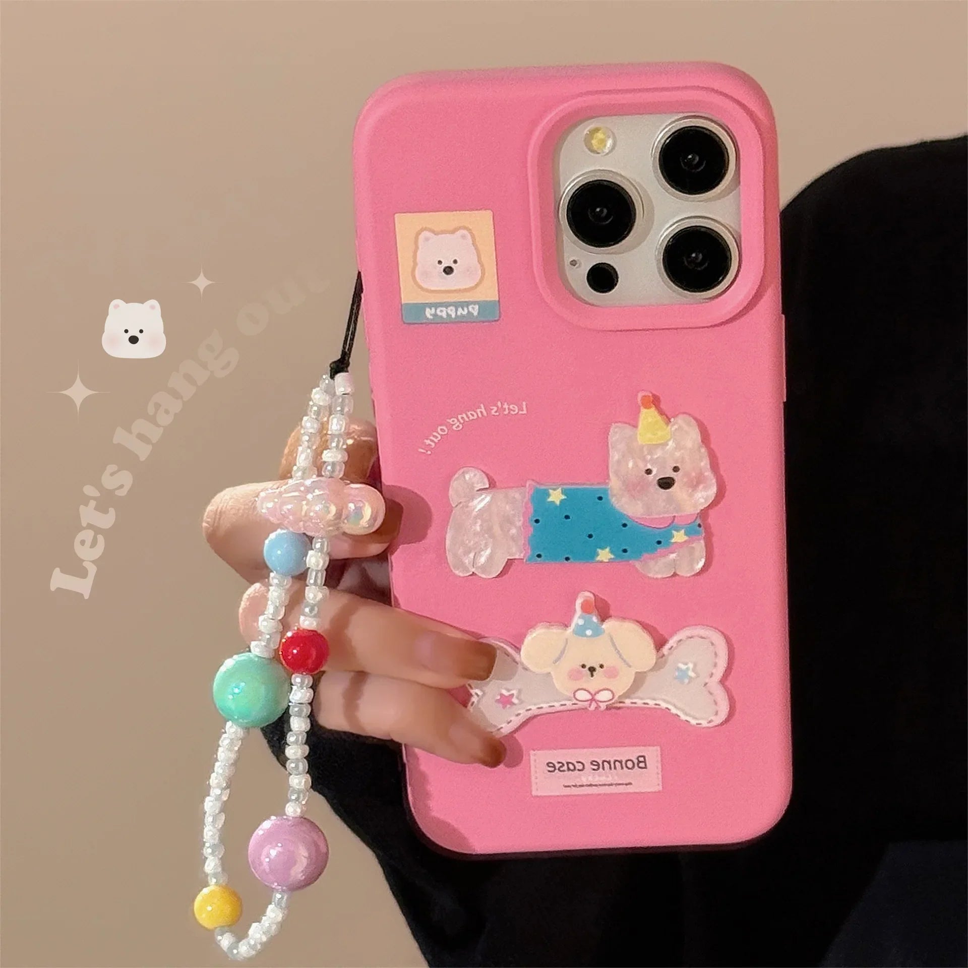 Korean Cute Dog Sticker Pink Bracelet Pendant Phone Case For iPhone