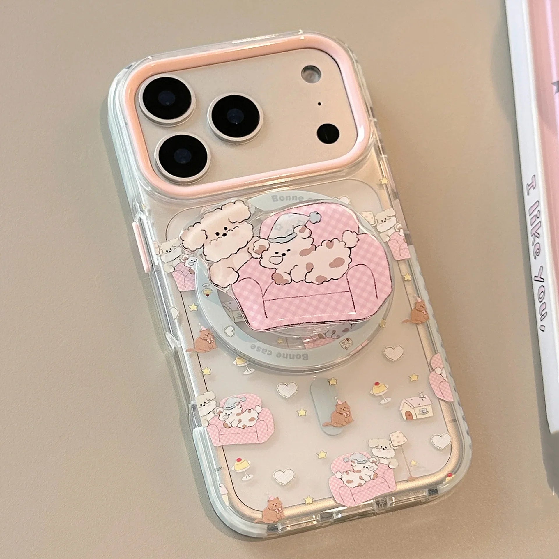 Korean Cartoon Pink Sofa Puppy House Holder Magnetic Phone Case For iPhone