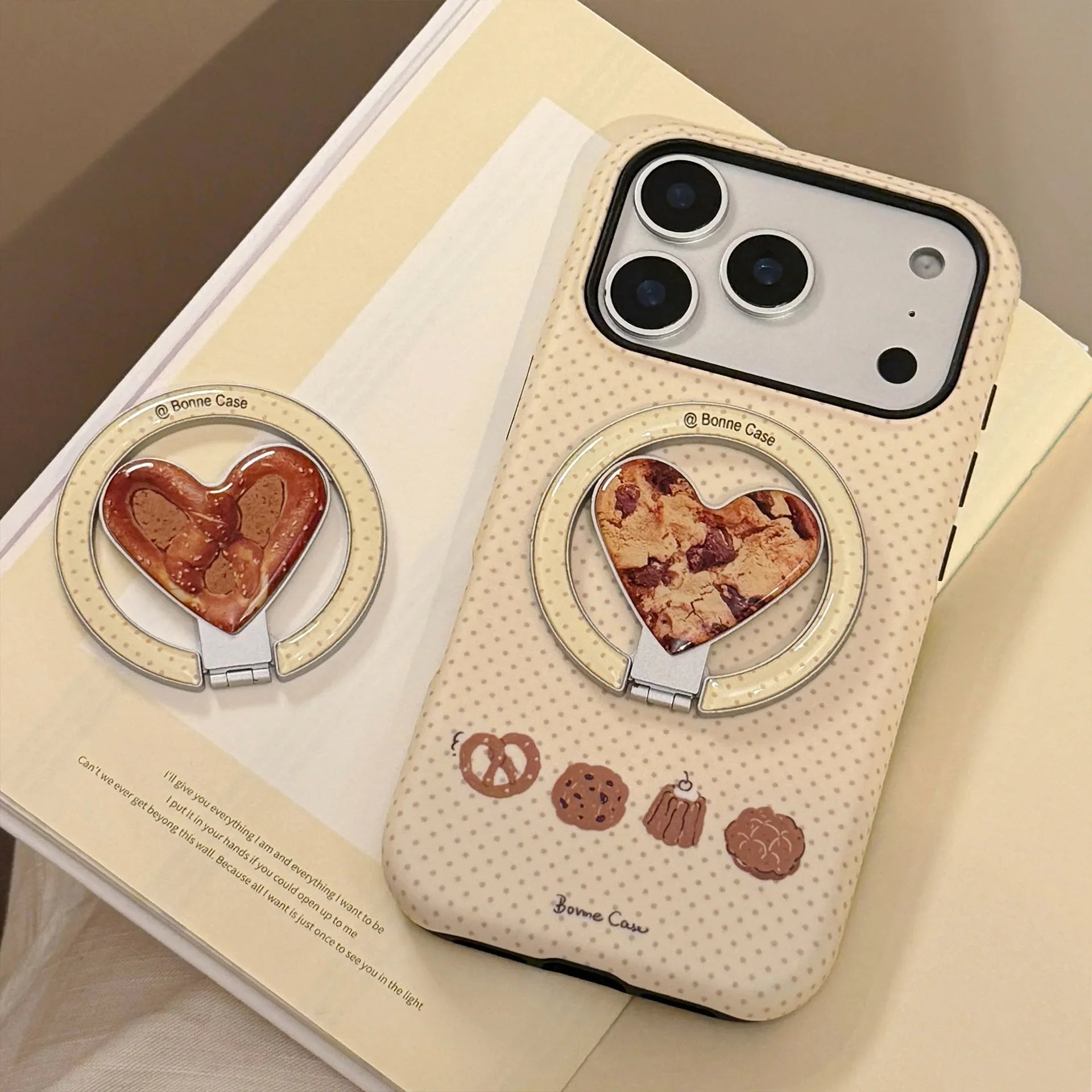 Cute Wave Point Cookie Bread Fold Love Heart Bracket Magnetic Phone Case For iPhone