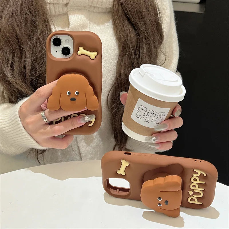 Cute Cartoon Teddy Puppy Silicone Telescopic Bracket Phone Case For iPhone