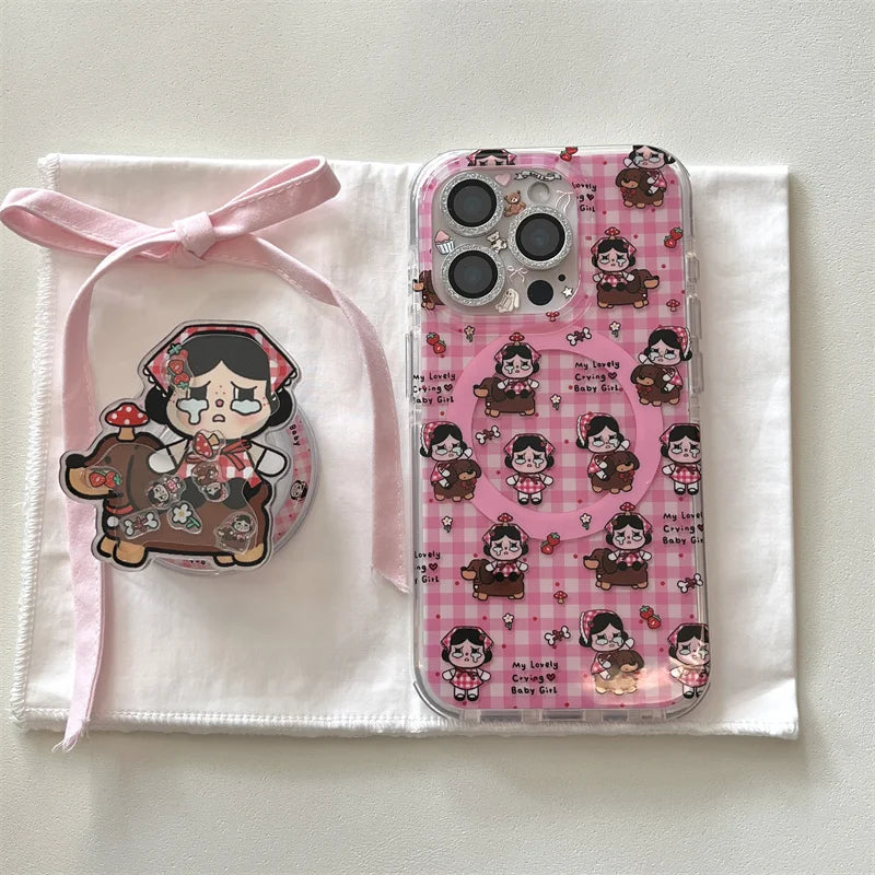 Fashion Pink Plaid Pattern Glitter Cute Magnetic Phone Case For iPhone