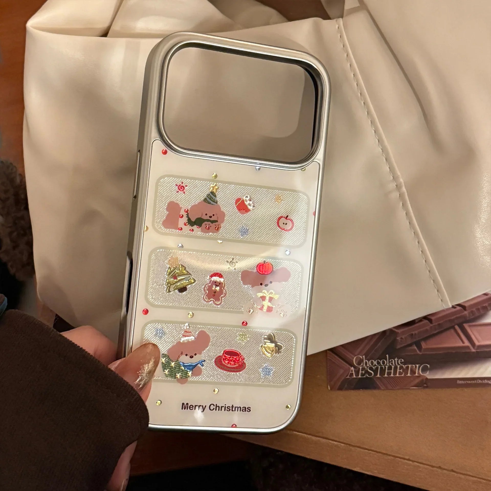 Korean Christmas Style Cartoon Puppy Silver Edge Plating Phone Case For iPhone