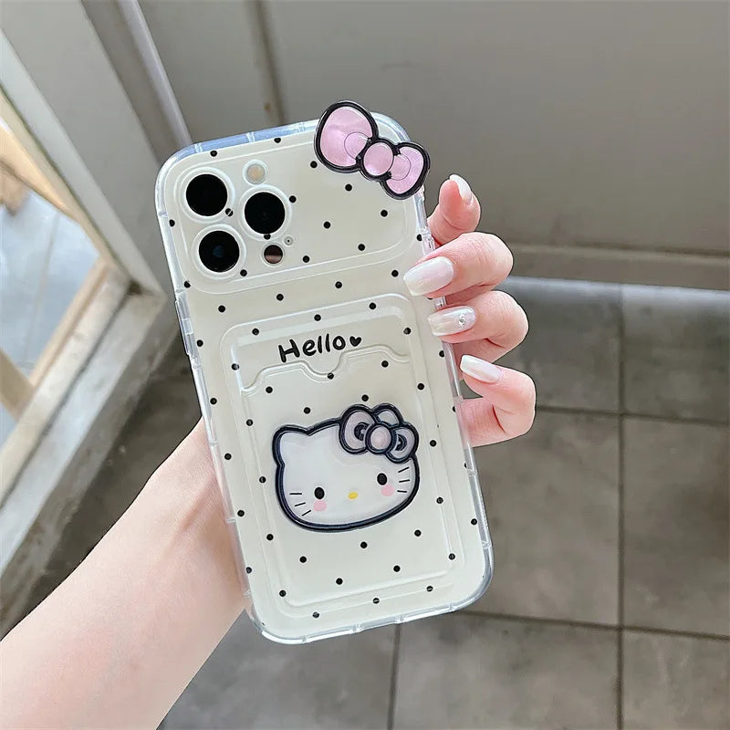 Korean Polka Dot Hello Kitty Bowknot Card Slot Bag Holder Phone Case For iPhone