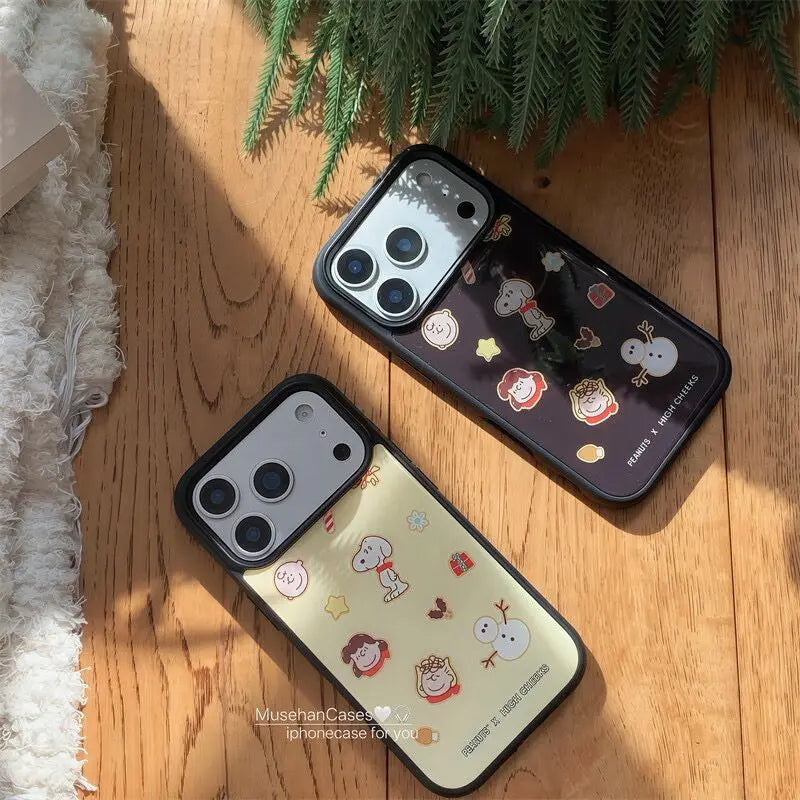Ins Autumn/Winter Christmas Tree Snoopy Resin Casting Black Frame Phone Case For iPhone
