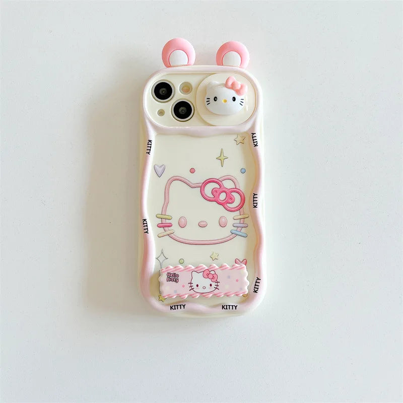 Ins Cute Cartoon 3D Ears Hello Kitty Wavy Sliding Camera Bracket Phone Case For iPhone