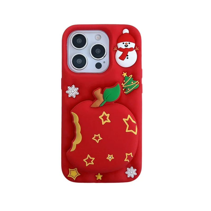 Kawaii Cartoon Snowman Christmas Apple Silicone Telescopic Bracket Phone Case For iPhone