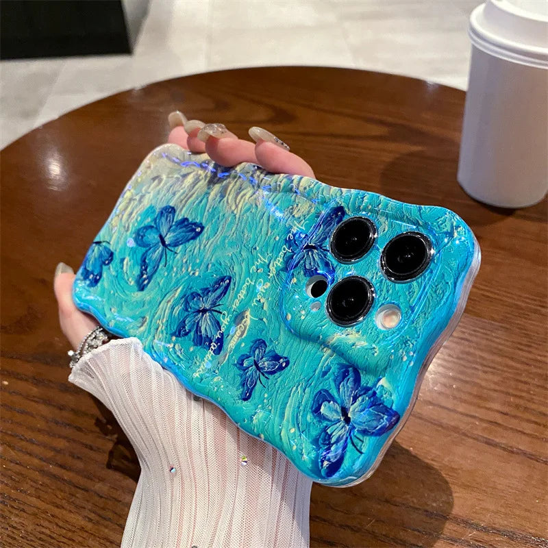 Luxury Retro Oil Painting Butterfly Wavy Border Phone Case For iPhone