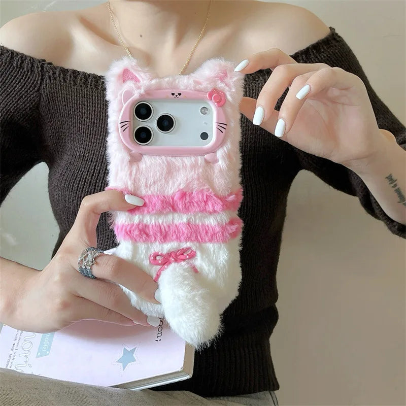 Cute Cartoon Cat Bowknot Warm Furry Fur Plush Phone Case For iPhone