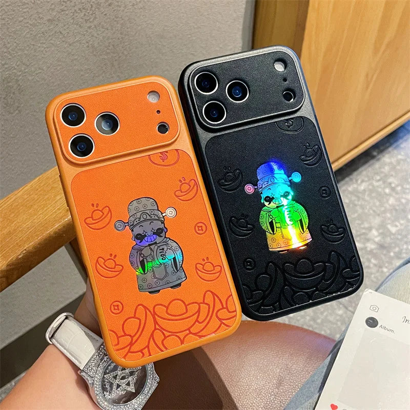 Luxury Cartoon God Of Wealth Laser Leather Texture Phone Case For iPhone