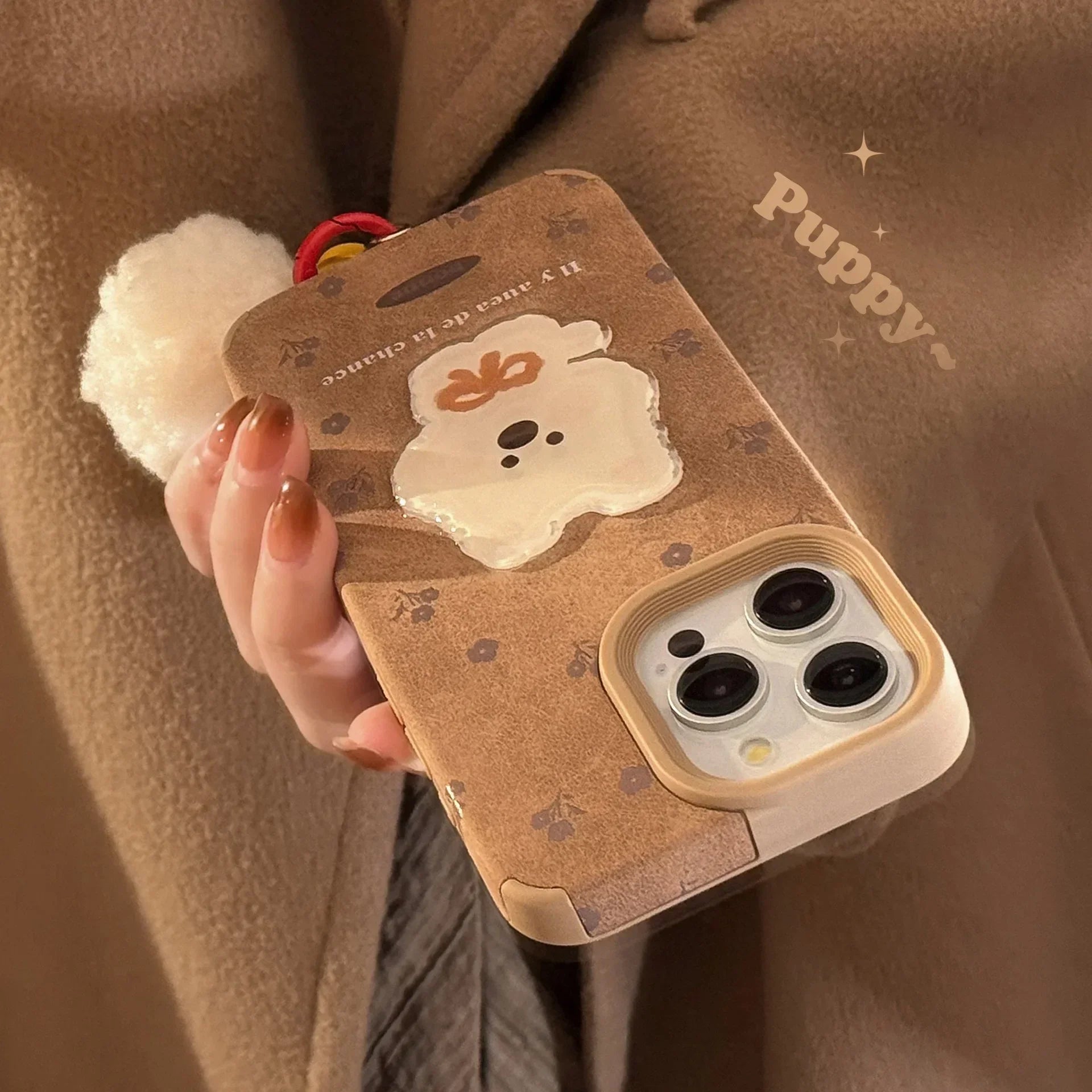 Cute Cartoon 3D White Puppy Flowers Suede Leather Phone Case With Pendants For iPhone