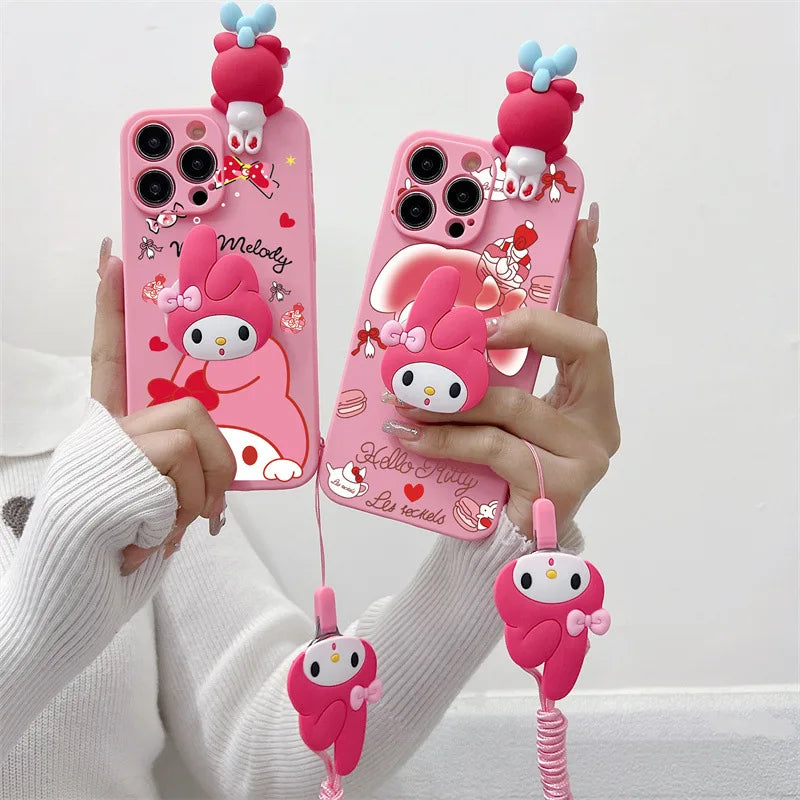 3D Cute Cartoon Melody Phone Case With Bracket Lanyard For iPhone