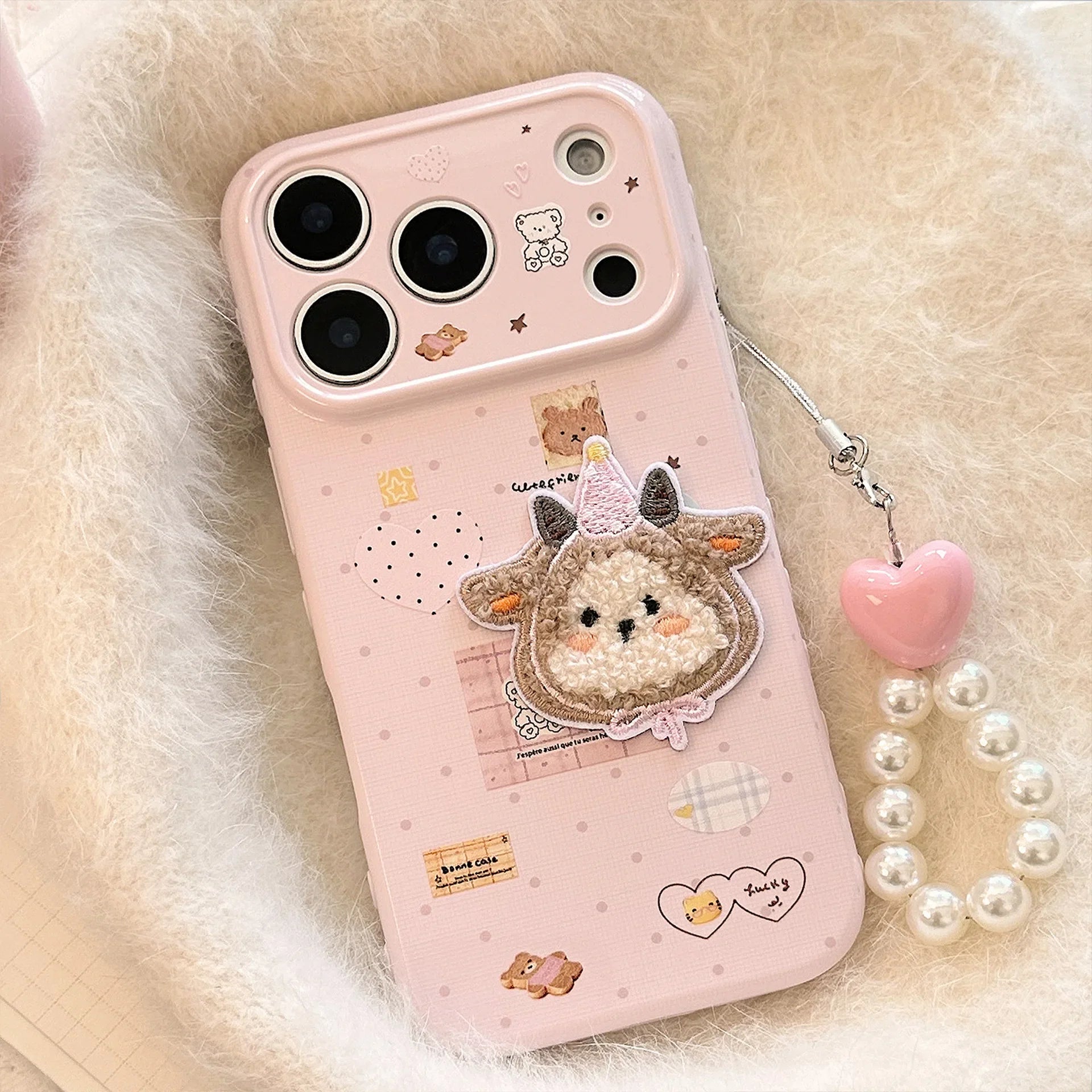 Korean Cartoon Embroidery Plush Sheep Sticker Phone Case With Chain For iPhone