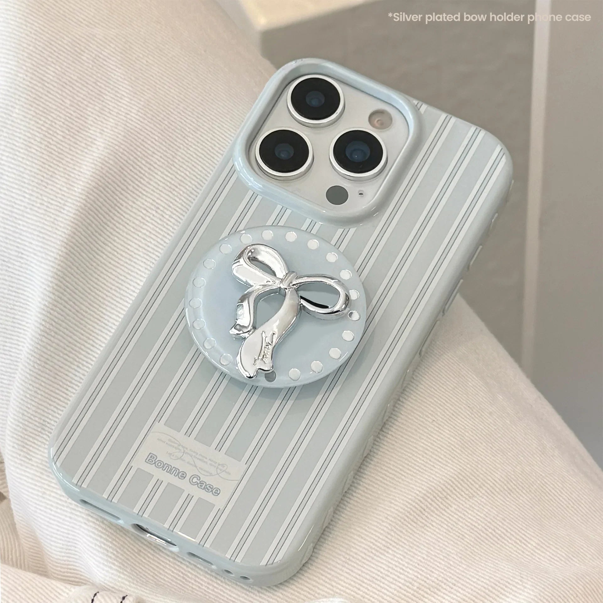 Korean Cute Blue Striped 3D Sliver Bowknot Bracket Soft Phone Case For iPhone