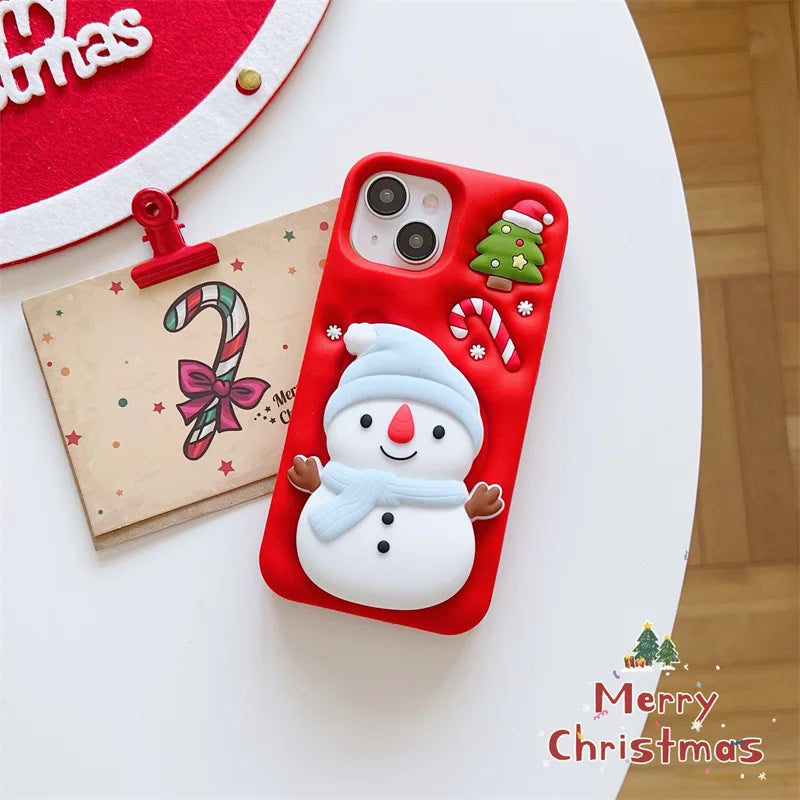 Cute 3D Cartoon Christmas Snow Man Telescopic Bracket Phone Case For iPhone