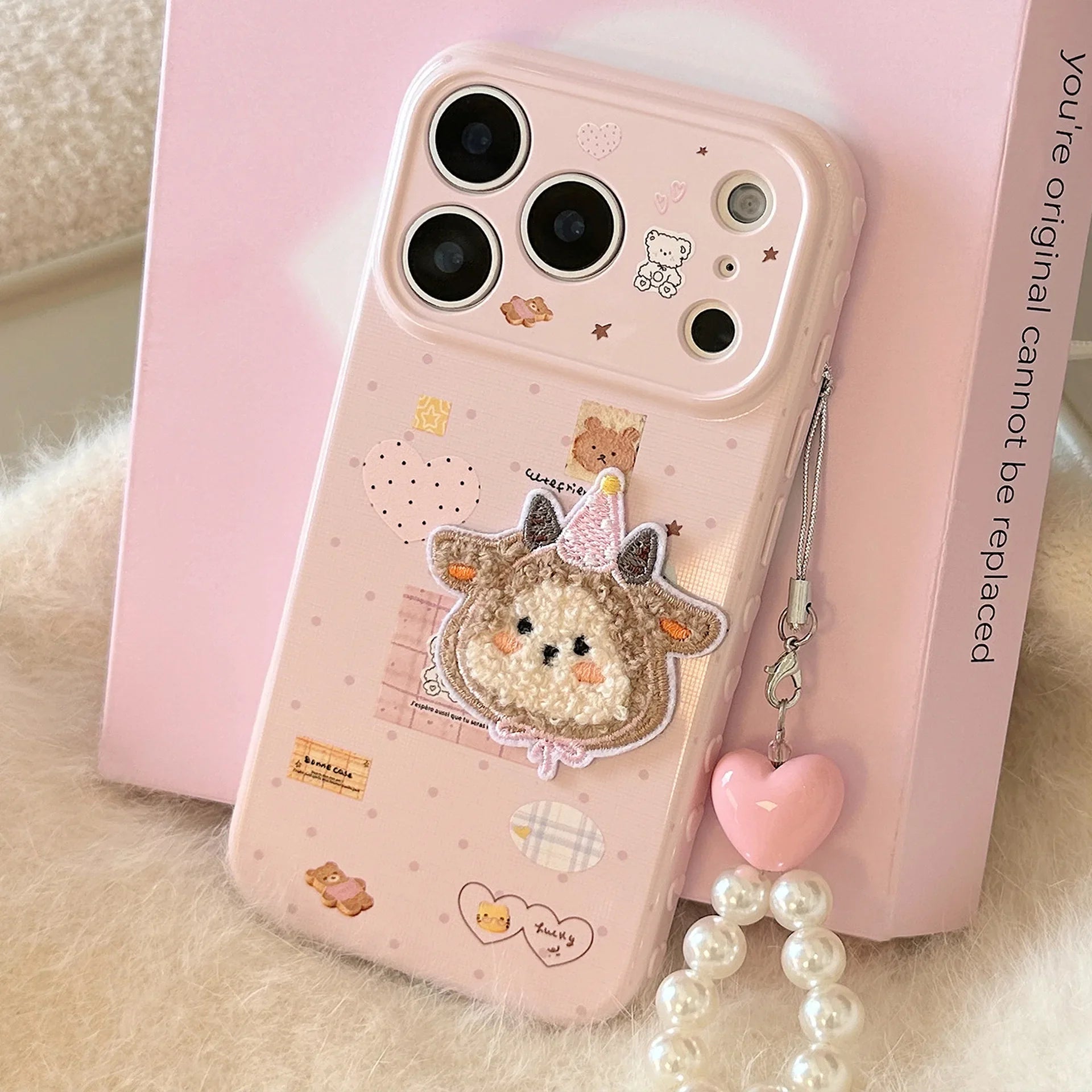 Korean Cartoon Embroidery Plush Sheep Sticker Phone Case With Chain For iPhone
