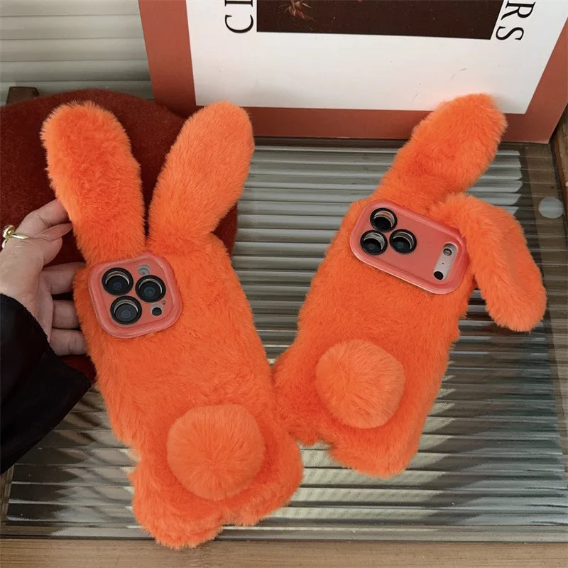 3D Cute Cartoon Rabbit Ears Furry Plush Phone Case For iPhone