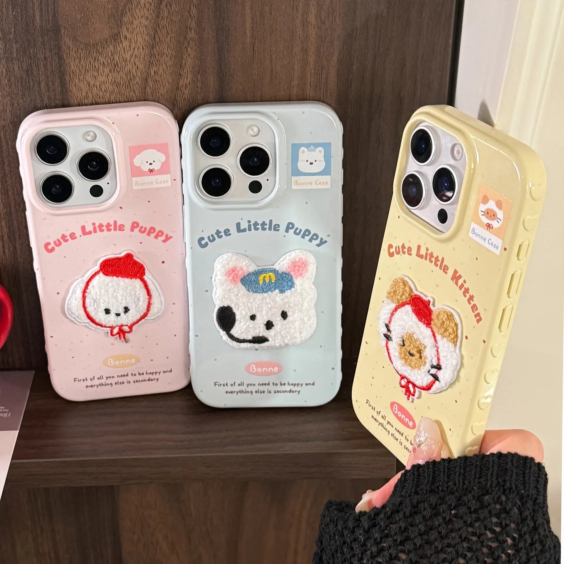 Cute Cartoon 3D Plush Embroidered Puppy Kitten Soft Phone Case For iPhone