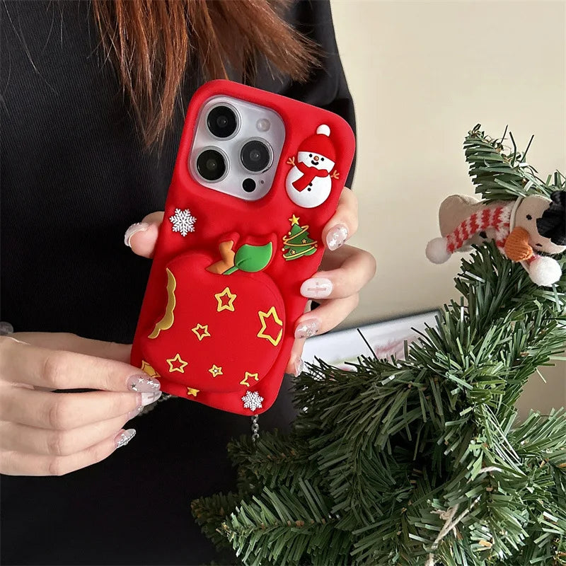 Kawaii Cartoon Snowman Christmas Apple Silicone Telescopic Bracket Phone Case For iPhone