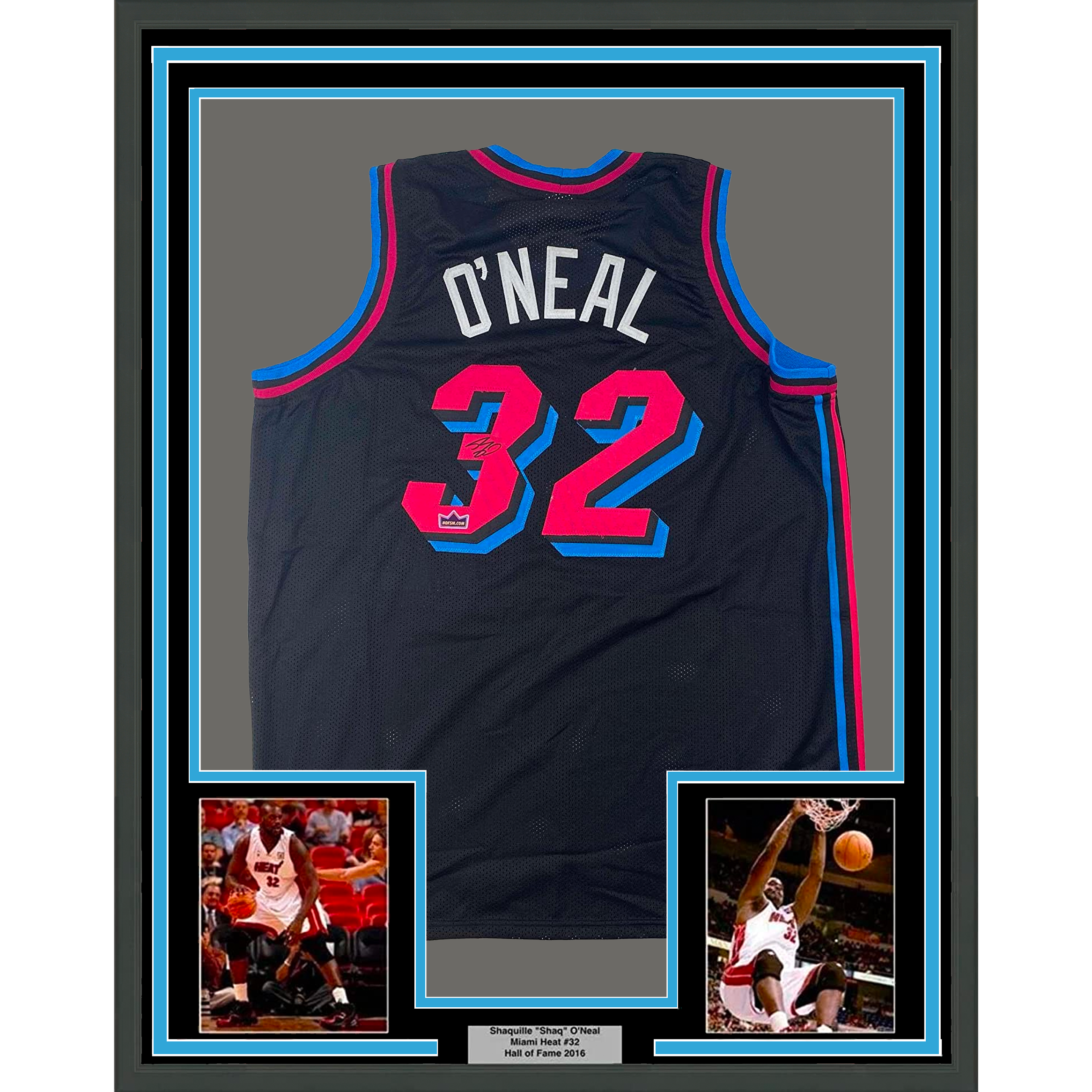Framed Facsimile Autographed Shaquille Shaq O'Neal 35x39 Miami Black Vice City Reprint Laser Auto Basketball Jersey