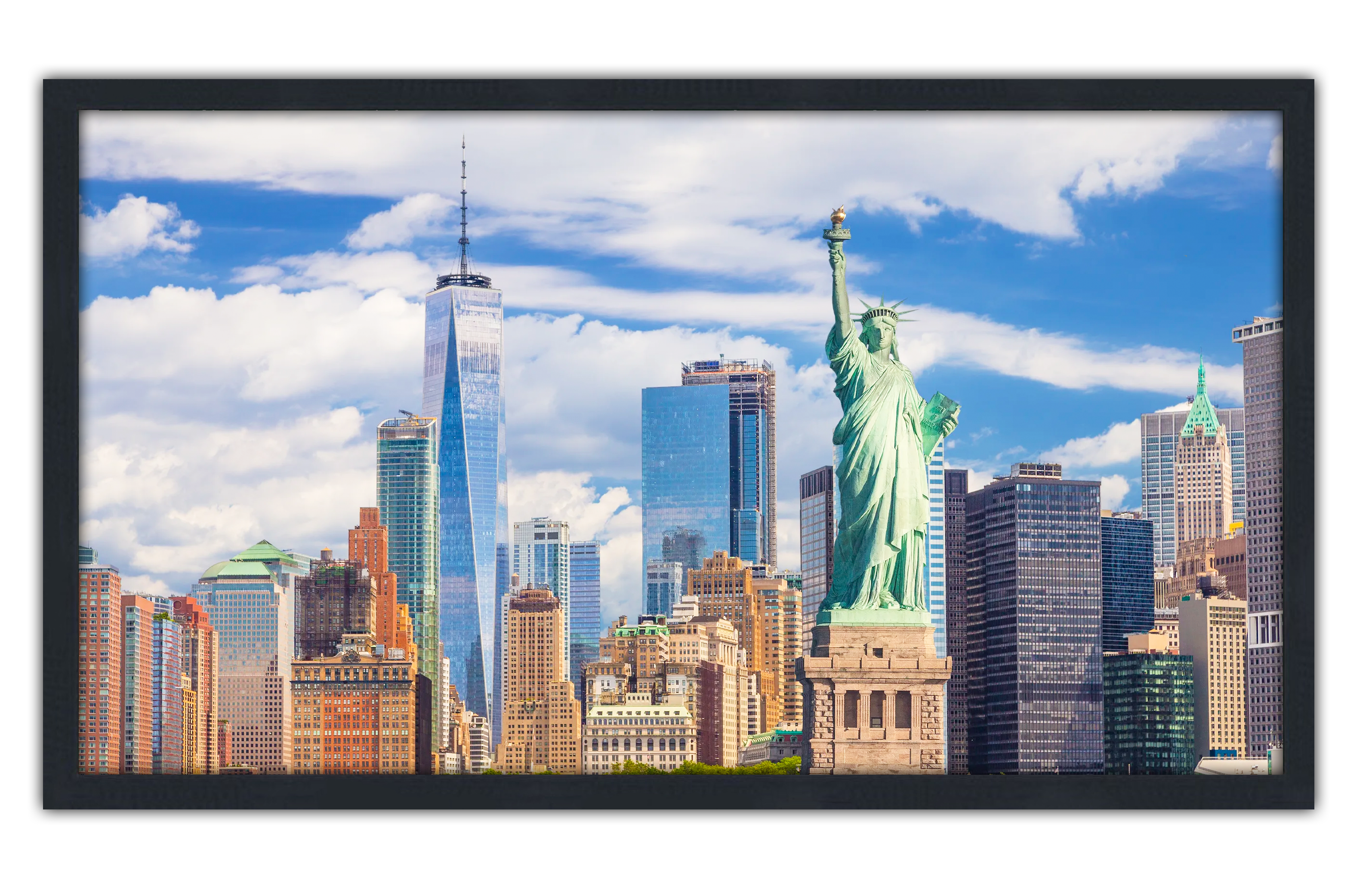 Professionally Framed Statue of Liberty New York City Skyline High-Resolution Panoramic Photo 12x22 Wall Art