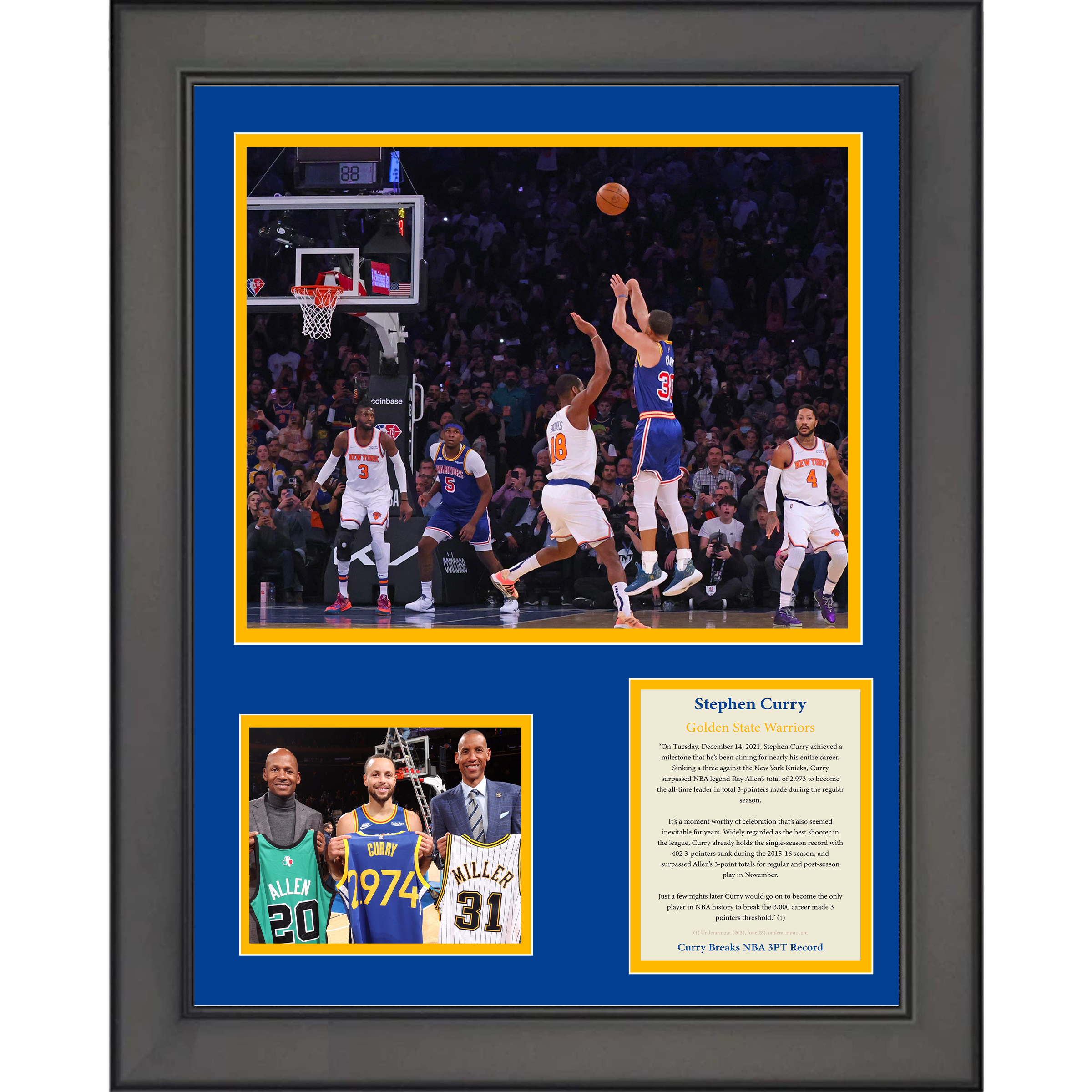 Framed Stephen Curry NBA 3 Point Record Golden State Warriors Basketball 11"x14" Three Photo Collage