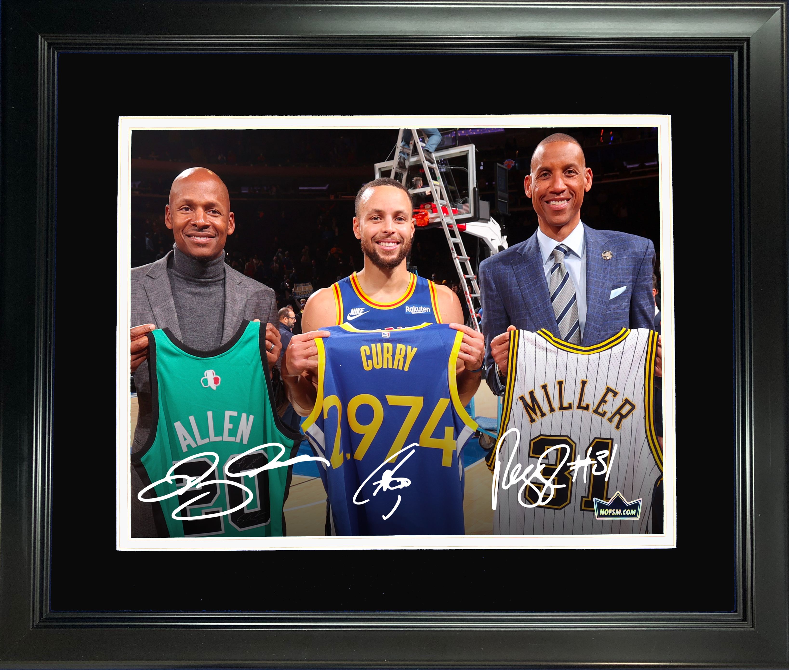 Framed Stephen Curry, Ray Allen & Reggie Miller 3-point Record Facsimile Laser Engraved Signature Auto 11"x14"Basketball Photo HOFSM Holo
