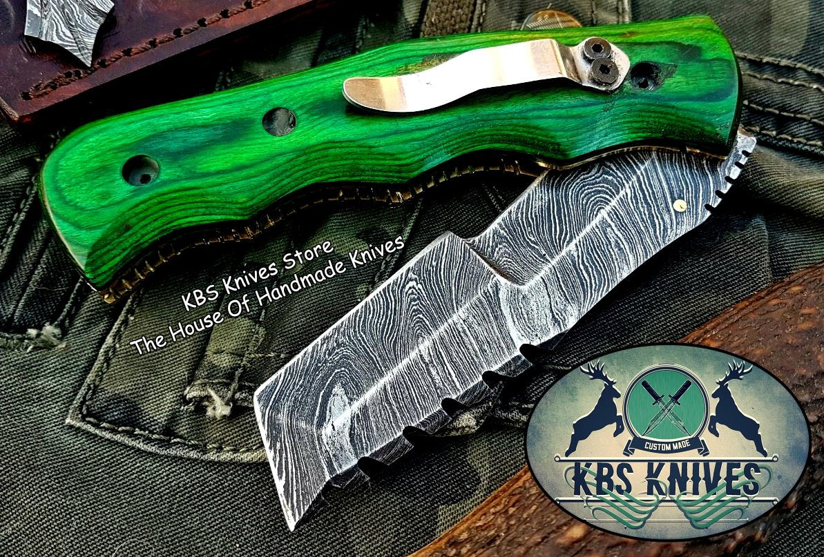 Custom Handcrafted Damascus Steel Tops Tanto Tactical Tracker Folding Knife - Ideal for Survival, Camping & Tactical Use | KBS Knives