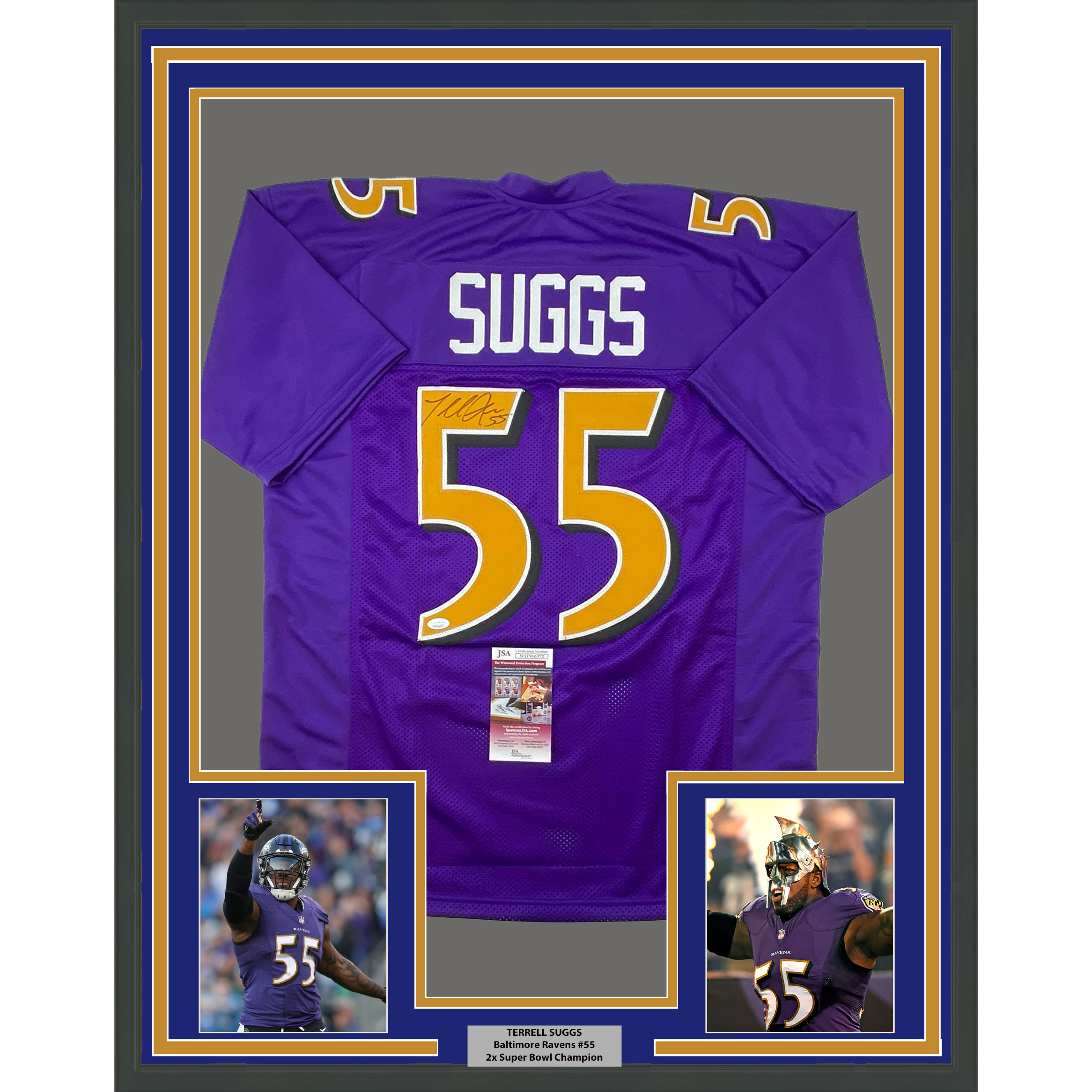 Framed Autographed/Signed Terrell Suggs 35x39 Baltimore Color Rush Football Jersey JSA COA